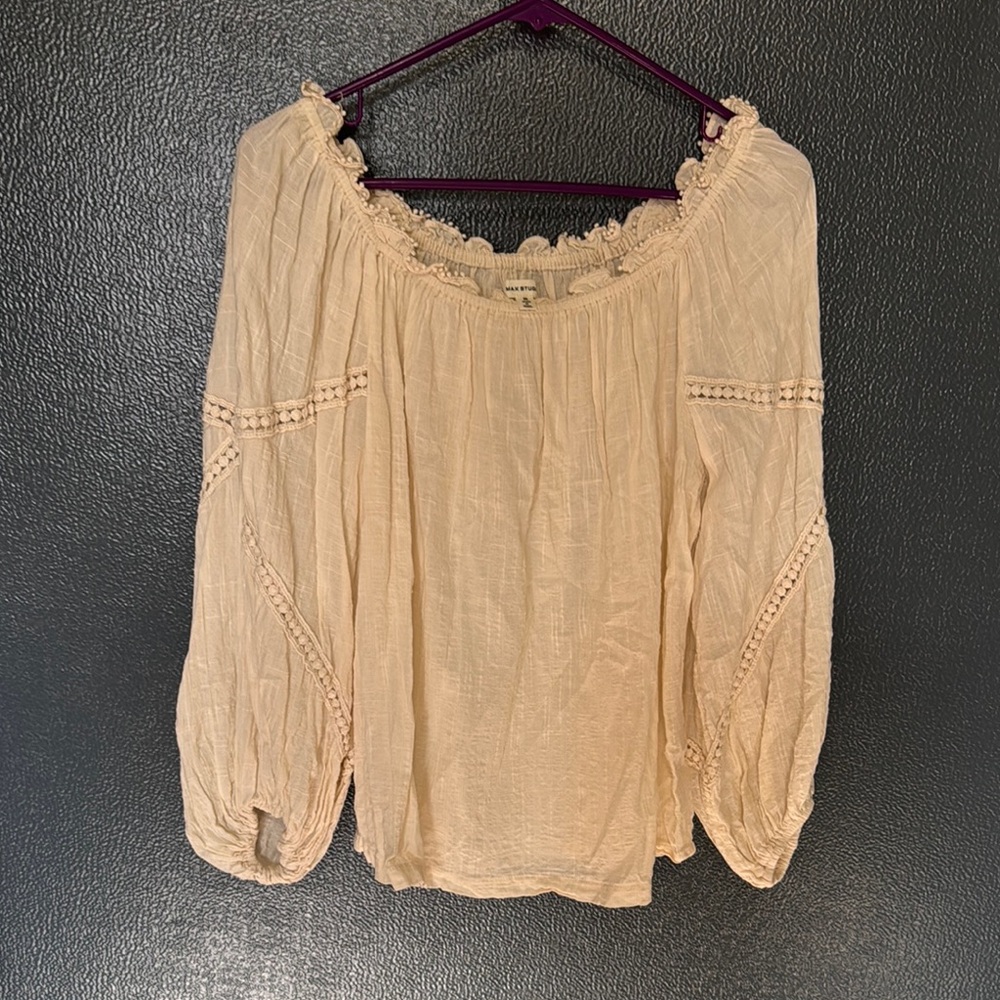 Max Studio Cream Blouse with Puff Sleeves and Smocked Details